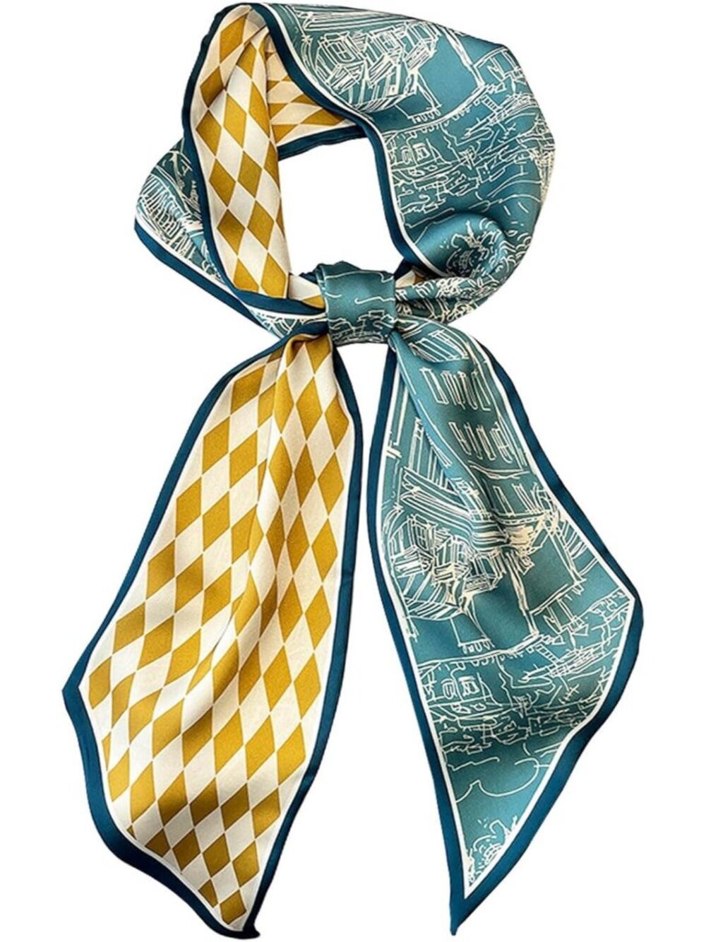 Women's Green Yellow Grid Silky Satin Headscarf Wrap Lightweight Scarves Scarf